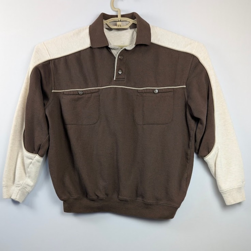 90's Taylor & Henry Collared Pullover Men's M Brown Pockets Retro Sweatshirt EUC